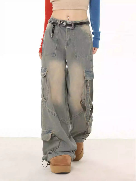 American Retro Washed Distressed Jeans Women High-Waist Straight Wide-Leg Workwear [ID:0039PA]