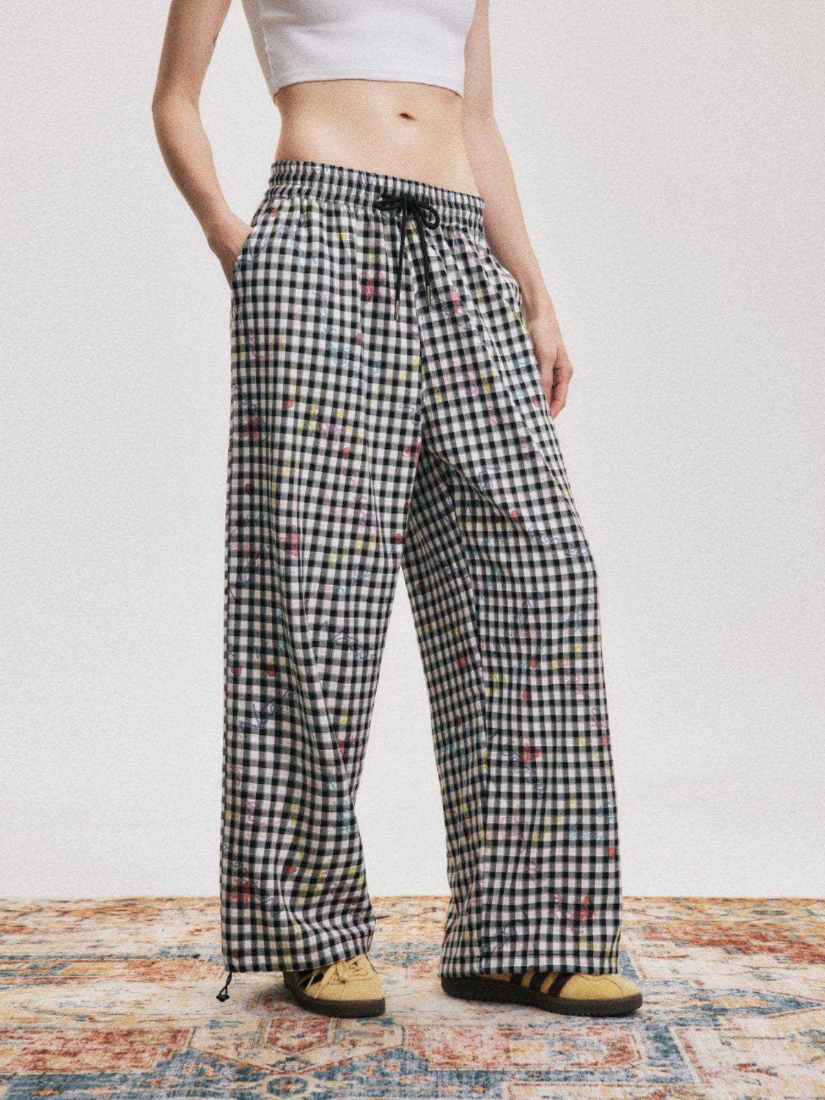 Checked Wide-Leg Pants with Floral Print and Adjustable Waist [ID:0045PA]