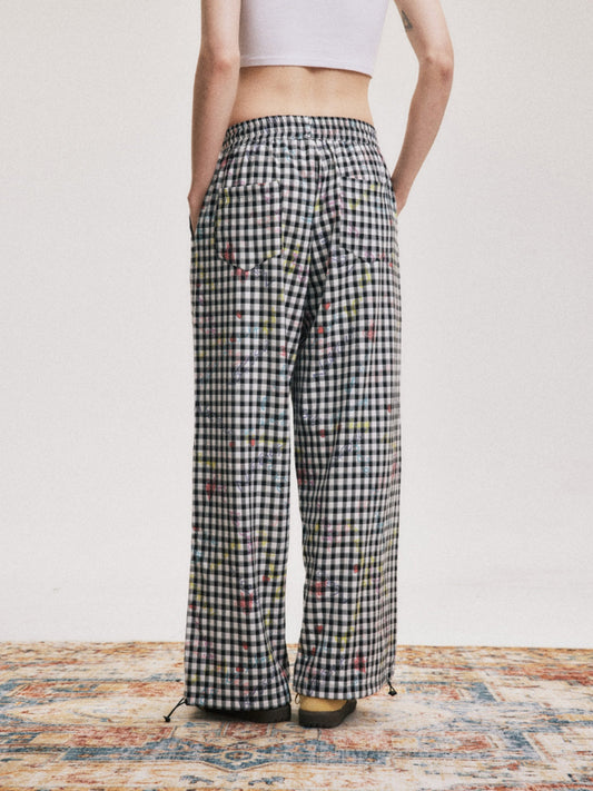 Checked Wide-Leg Pants with Floral Print and Adjustable Waist [ID:0045PA]
