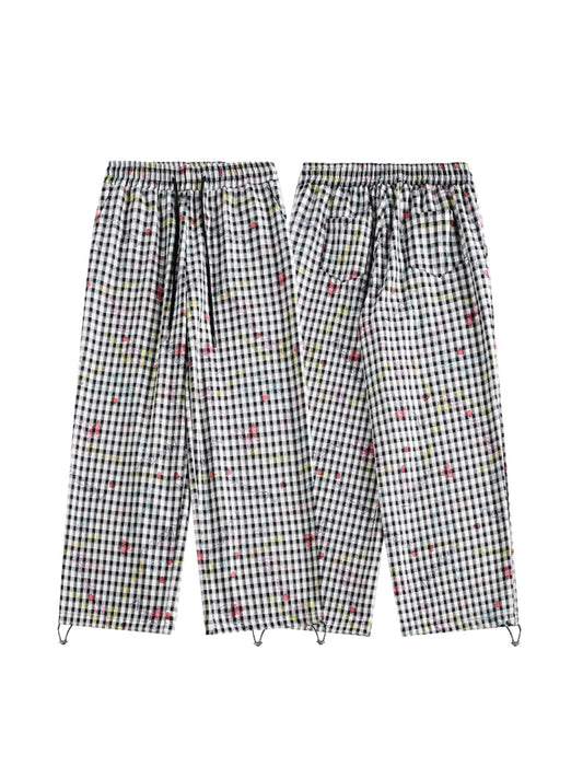 Checked Wide-Leg Pants with Floral Print and Adjustable Waist [ID:0045PA]