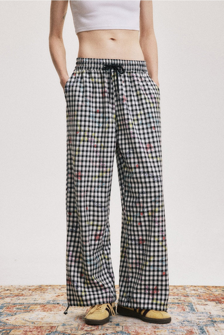 Checked Wide-Leg Pants with Floral Print and Adjustable Waist [ID:0045PA]