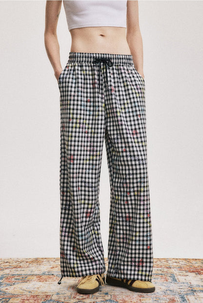 Checked Wide-Leg Pants with Floral Print and Adjustable Waist [ID:0045PA]