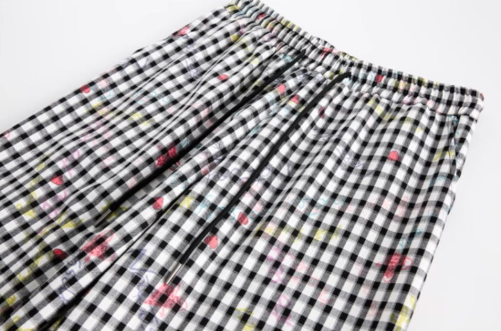 Checked Wide-Leg Pants with Floral Print and Adjustable Waist [ID:0045PA]