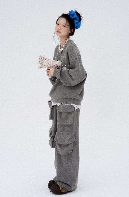 Frilled Big Pocket Sweat Wide Pants [ID:0048PA]