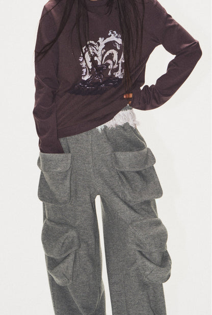 Frilled Big Pocket Sweat Wide Pants [ID:0048PA]