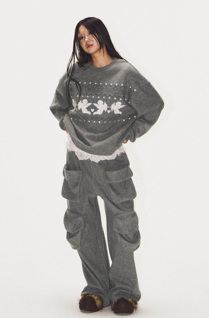 Frilled Big Pocket Sweat Wide Pants [ID:0048PA]