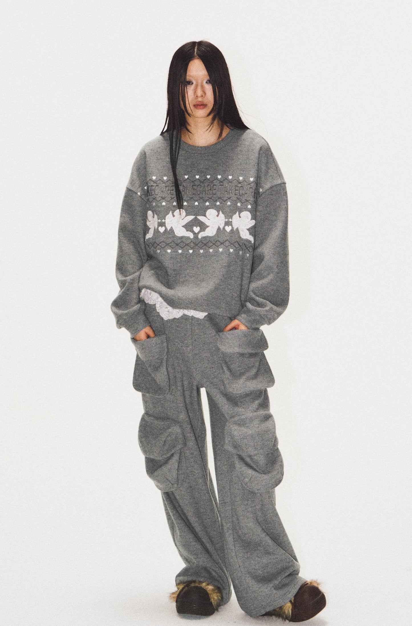 Frilled Big Pocket Sweat Wide Pants [ID:0048PA]