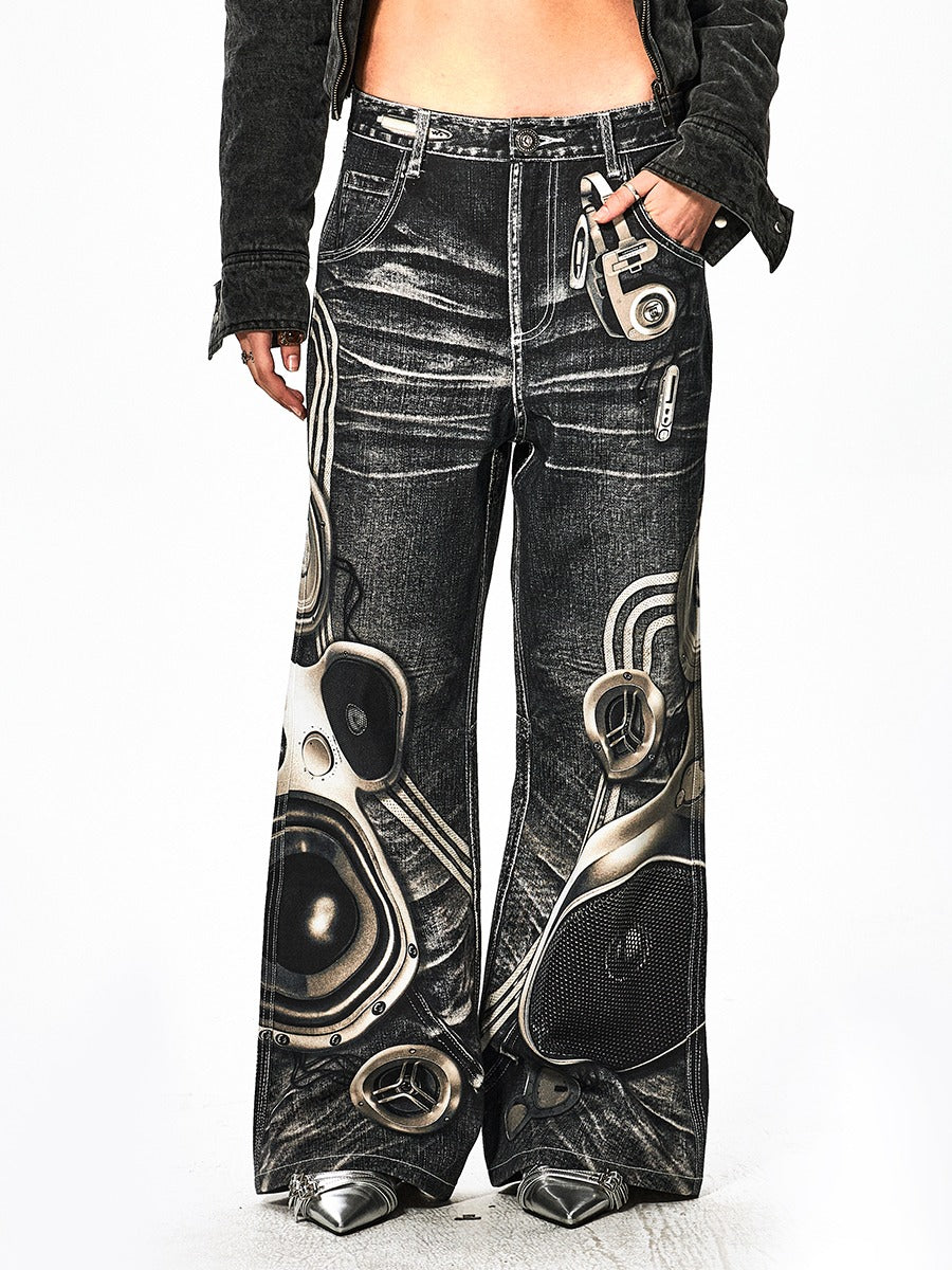 Speaker Pants Digital Print Black Straight Pants [ID:0050PA]