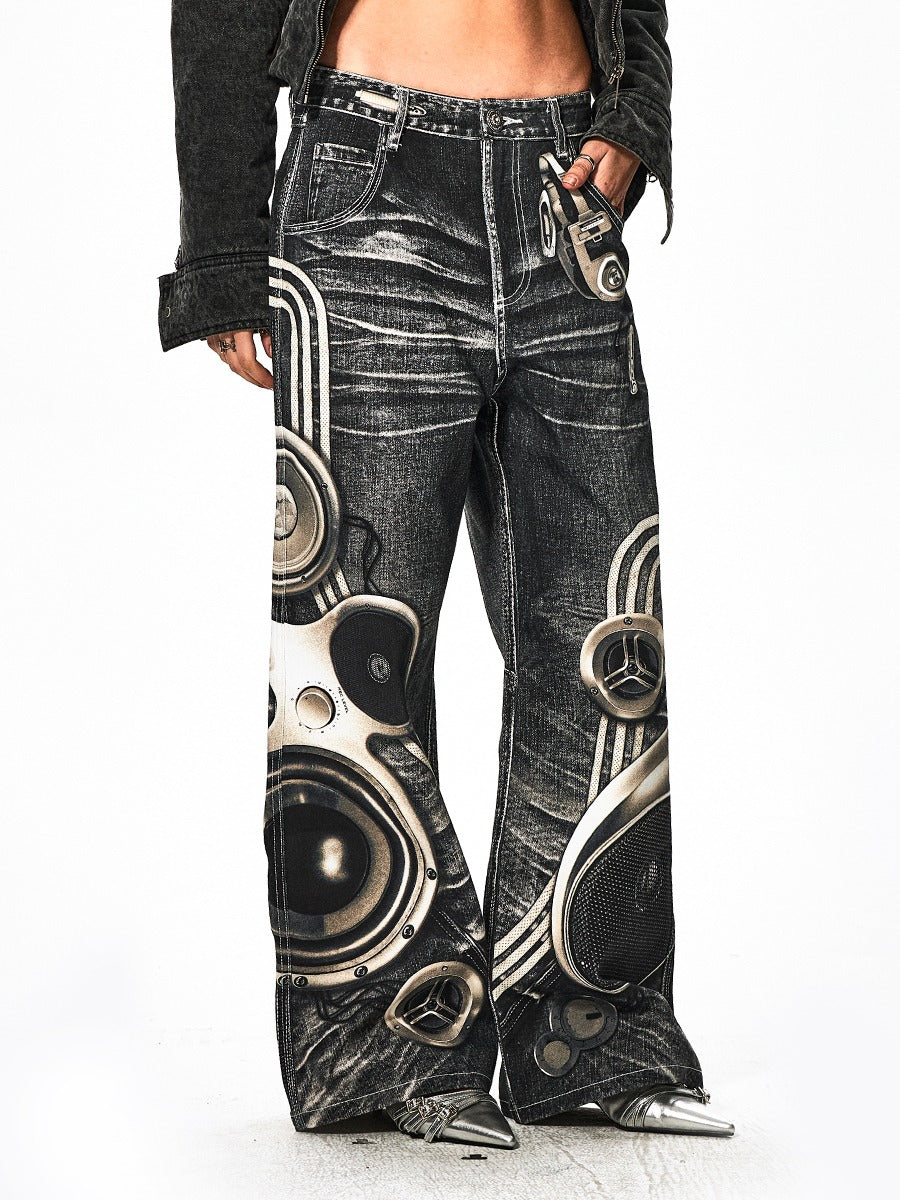 Speaker Pants Digital Print Black Straight Pants [ID:0050PA]