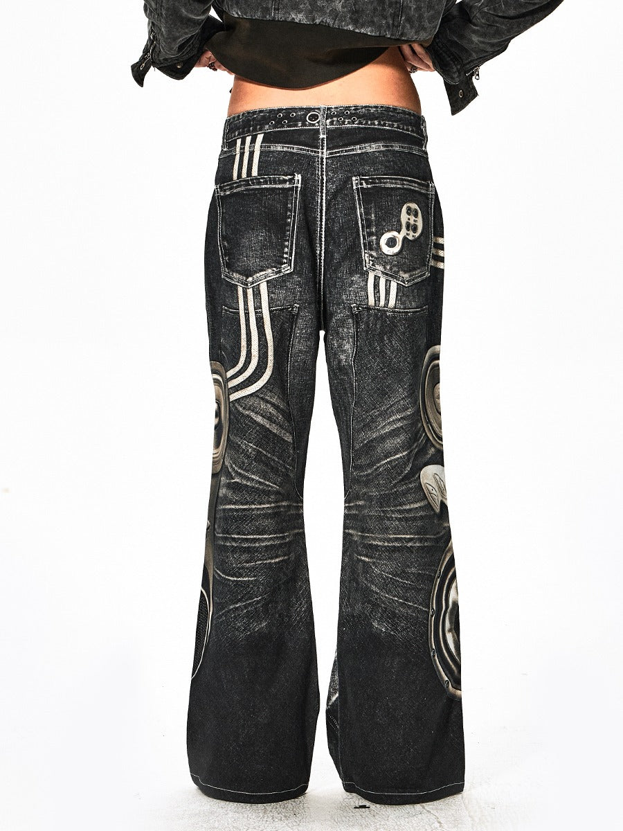 Speaker Pants Digital Print Black Straight Pants [ID:0050PA]