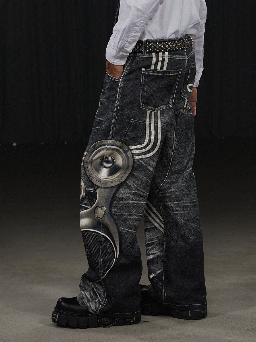 Speaker Pants Digital Print Black Straight Pants [ID:0050PA]