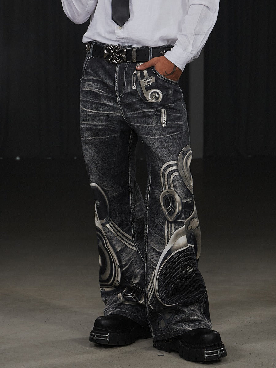 Speaker Pants Digital Print Black Straight Pants [ID:0050PA]