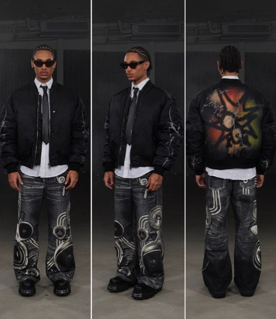 Speaker Pants Digital Print Black Straight Pants [ID:0050PA]