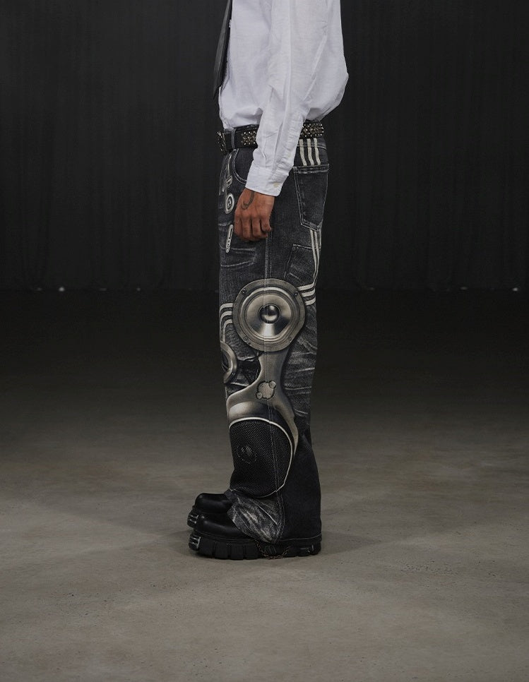 Speaker Pants Digital Print Black Straight Pants [ID:0050PA]