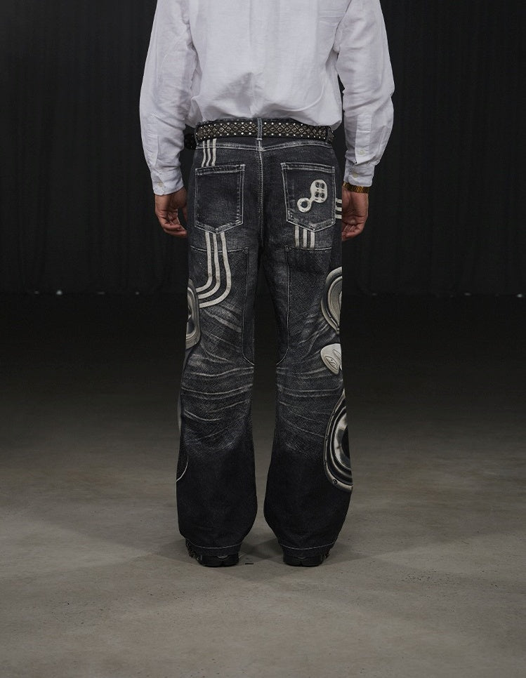 Speaker Pants Digital Print Black Straight Pants [ID:0050PA]