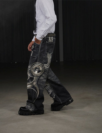 Speaker Pants Digital Print Black Straight Pants [ID:0050PA]