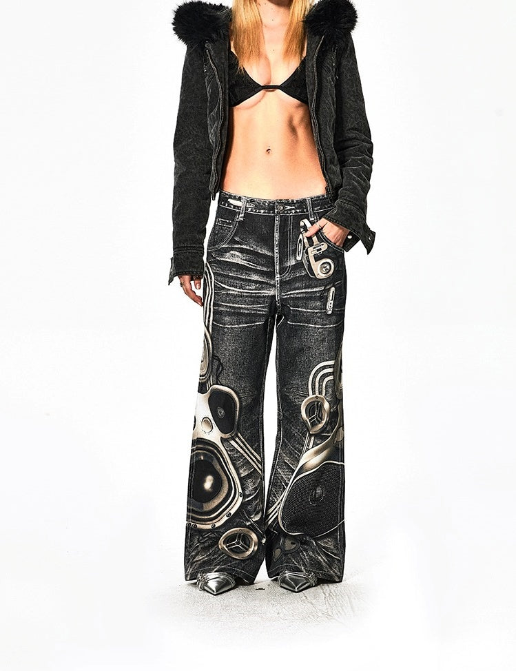 Speaker Pants Digital Print Black Straight Pants [ID:0050PA]