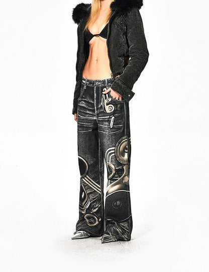 Speaker Pants Digital Print Black Straight Pants [ID:0050PA]