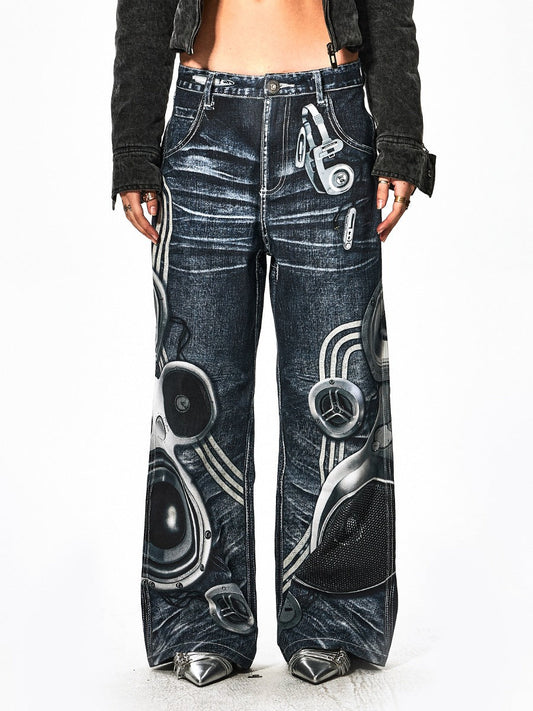 Speaker Pants Digital Print Blue Straight Pants [ID:0052PA]