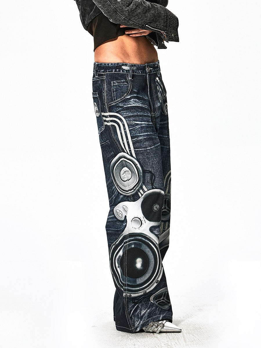 Speaker Pants Digital Print Blue Straight Pants [ID:0052PA]