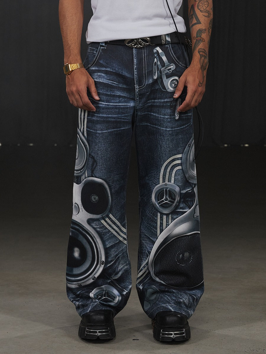 Speaker Pants Digital Print Blue Straight Pants [ID:0052PA]