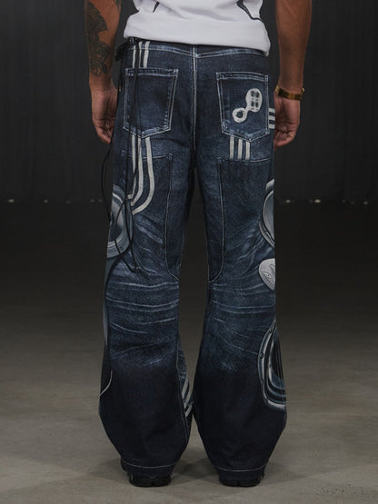 Speaker Pants Digital Print Blue Straight Pants [ID:0052PA]