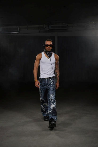 Speaker Pants Digital Print Blue Straight Pants [ID:0052PA]