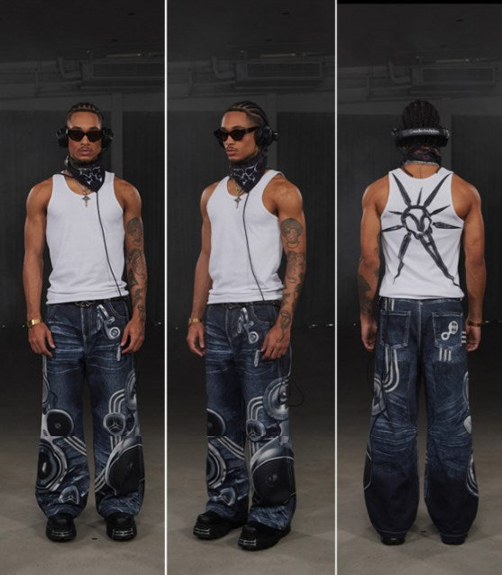 Speaker Pants Digital Print Blue Straight Pants [ID:0052PA]