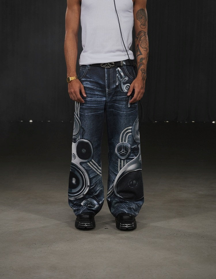 Speaker Pants Digital Print Blue Straight Pants [ID:0052PA]