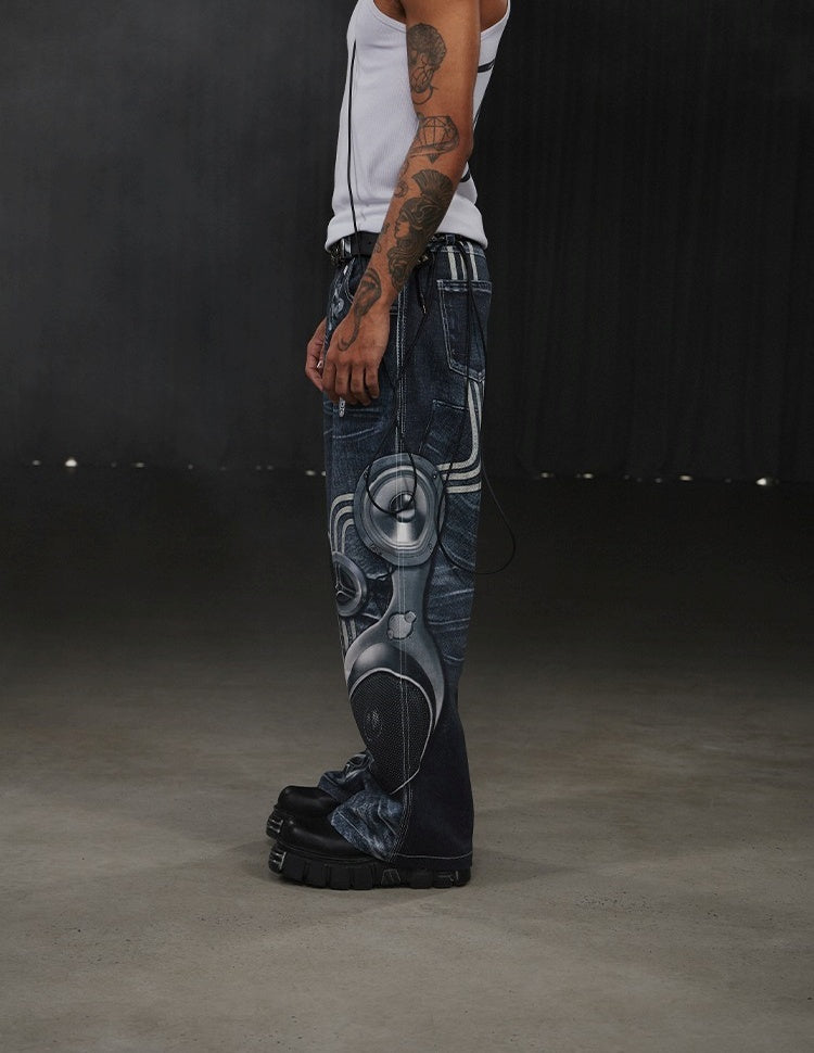 Speaker Pants Digital Print Blue Straight Pants [ID:0052PA]