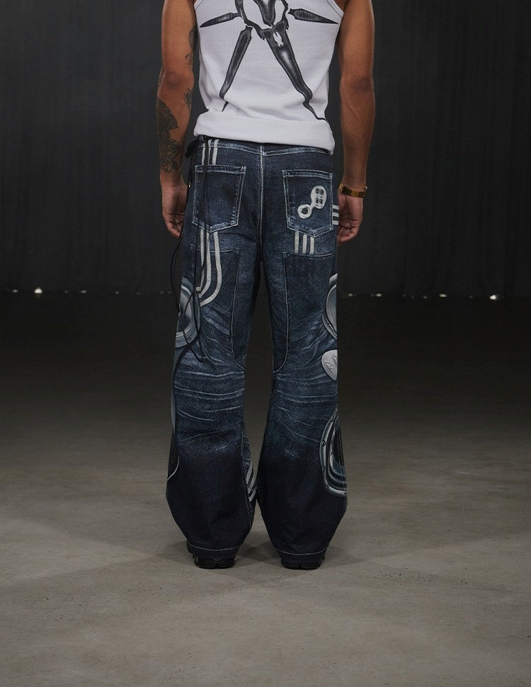 Speaker Pants Digital Print Blue Straight Pants [ID:0052PA]