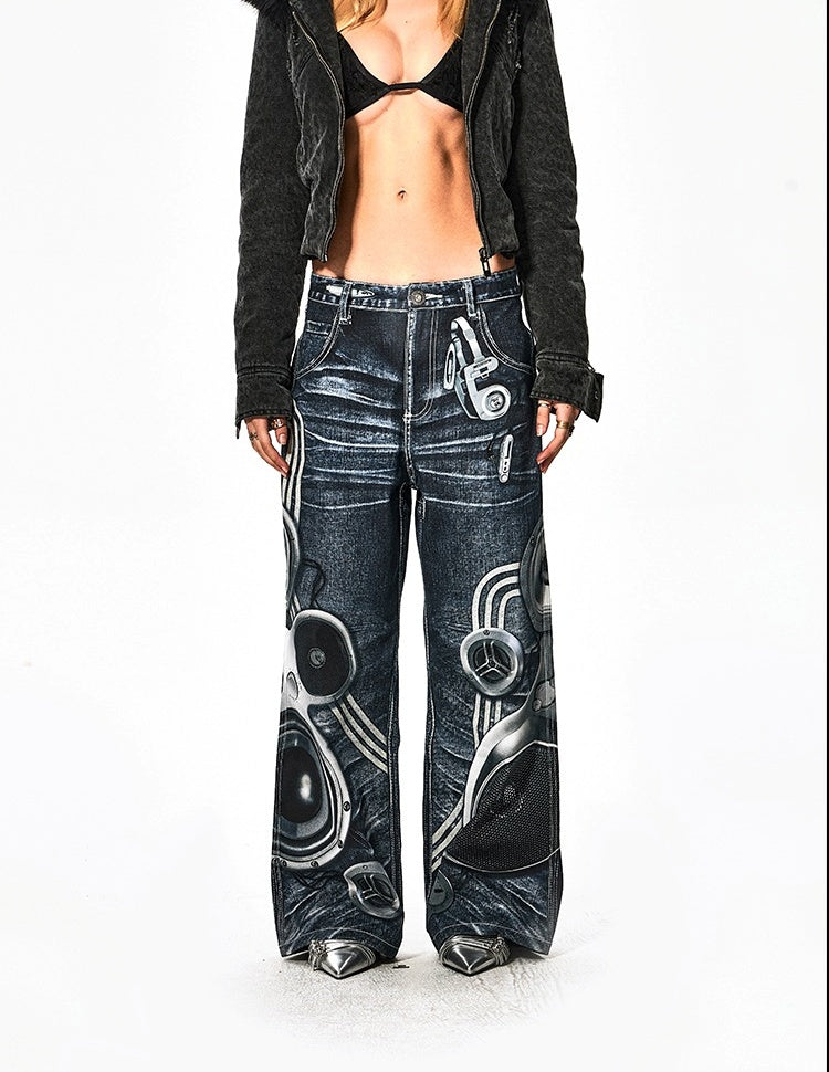 Speaker Pants Digital Print Blue Straight Pants [ID:0052PA]