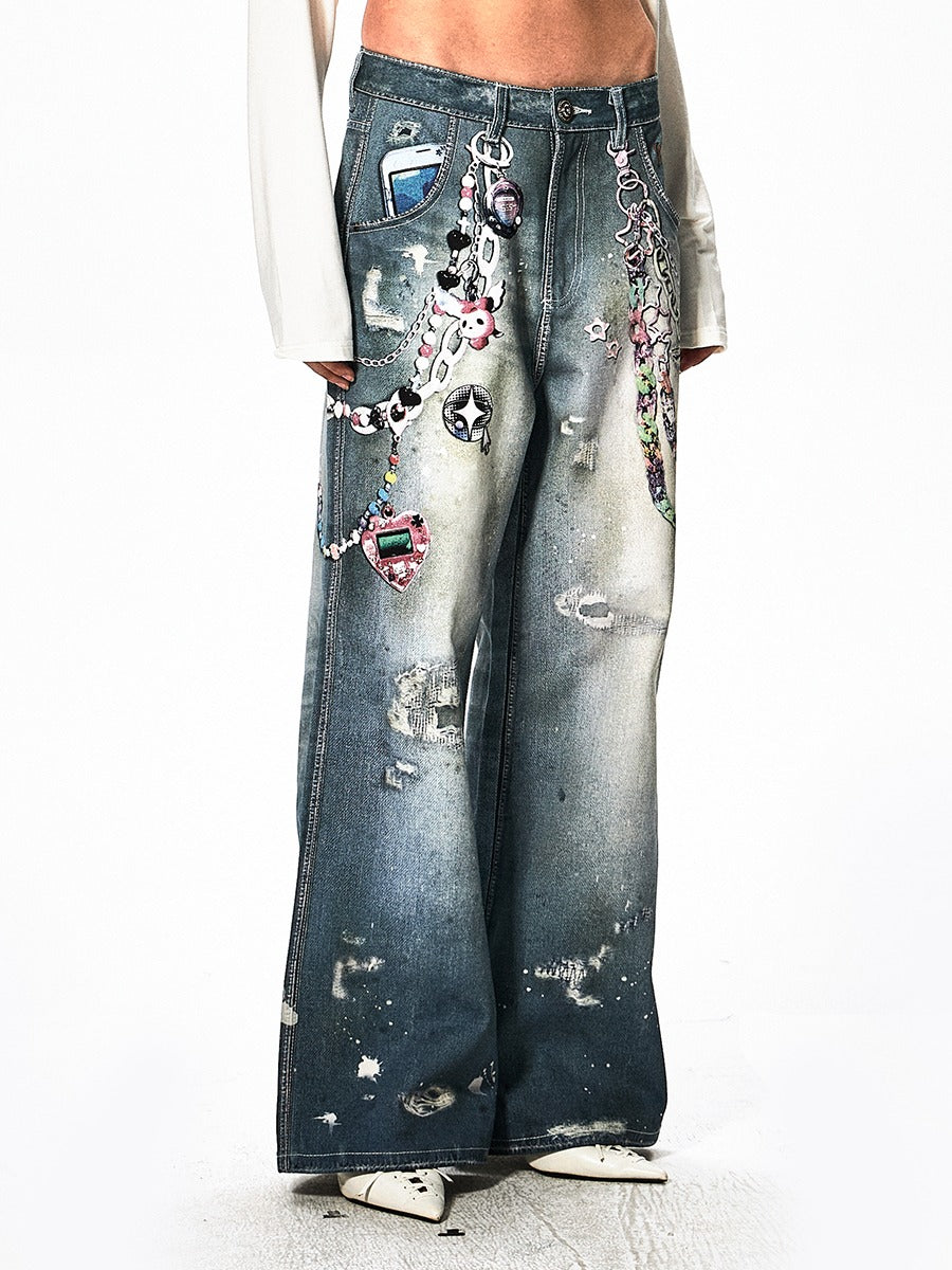 Y2K Cartoon Chain Wide Digital Print Jeans [ID:0053PA]