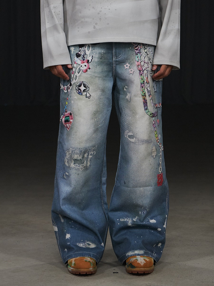 Y2K Cartoon Chain Wide Digital Print Jeans [ID:0053PA]