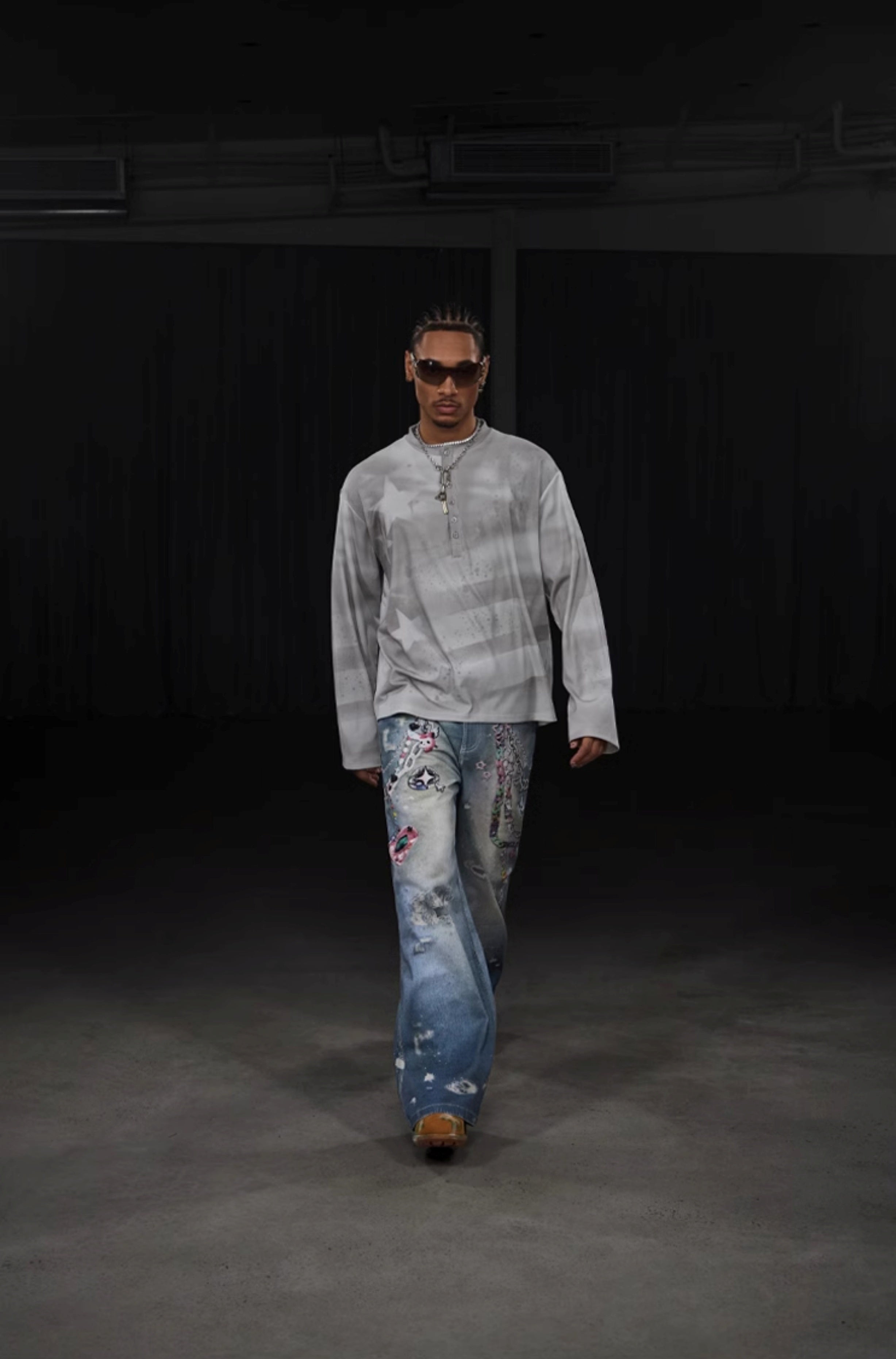 DND4DES Y2K Cartoon Chain Wide Digital Print Jeans バギーパンツ
