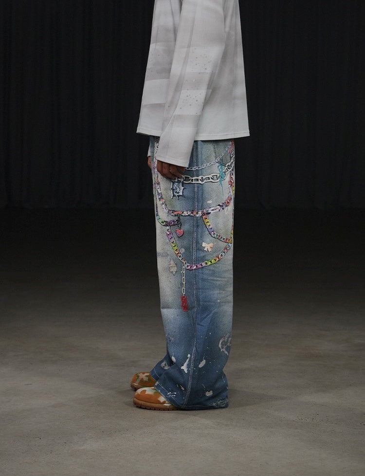 DND4DES Y2K Cartoon Chain Wide Digital Print Jeans バギーパンツ