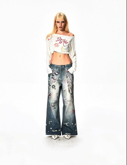 Y2K Cartoon Chain Wide Digital Print Jeans [ID:0053PA]