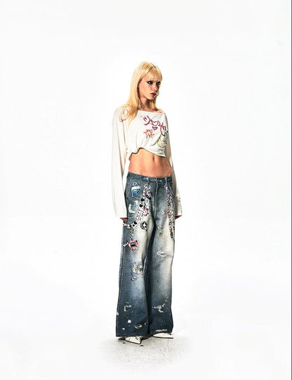 Y2K Cartoon Chain Wide Digital Print Jeans [ID:0053PA]