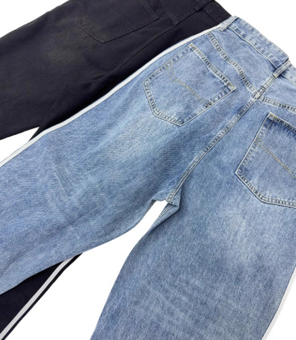 Washed Loose-Fit Wide-Leg Jeans with Striped Side Detail [ID:0057PA]