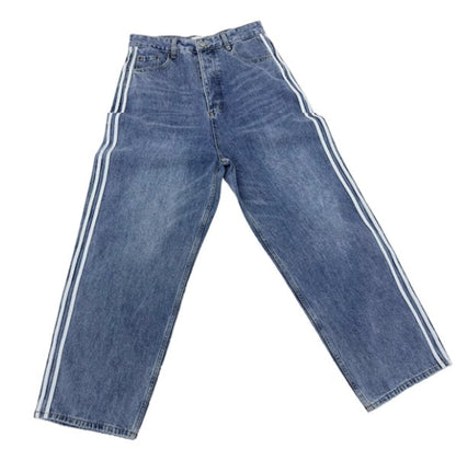 Washed Loose-Fit Wide-Leg Jeans with Striped Side Detail [ID:0057PA]