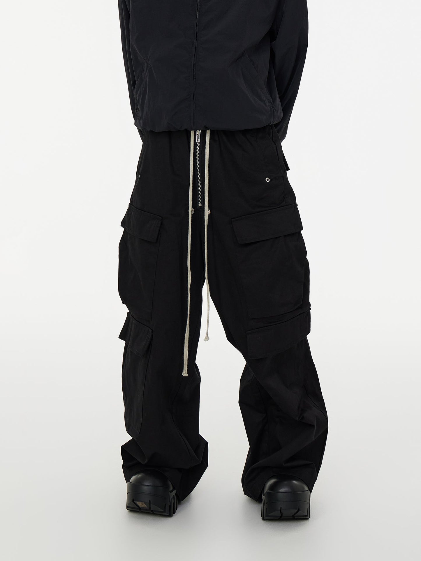 Dark Avant-Garde Loose Wide-Leg Cargo Pants with Drawstring Design [ID:0058PA]