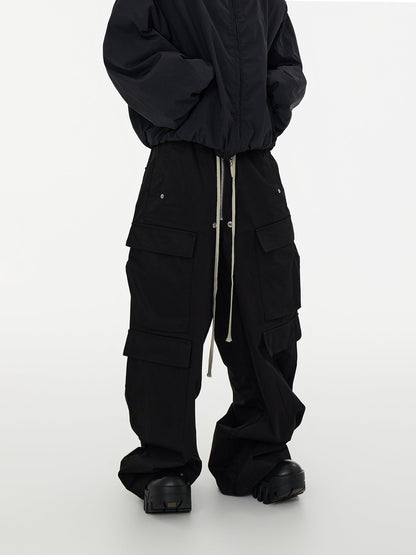 Dark Avant-Garde Loose Wide-Leg Cargo Pants with Drawstring Design [ID:0058PA]