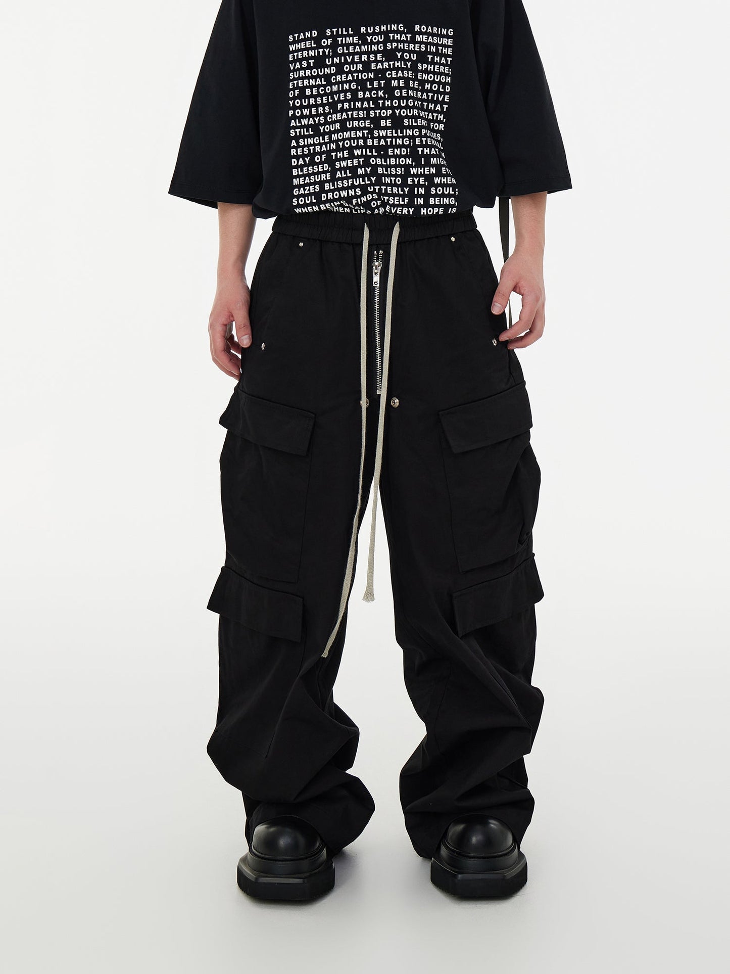 Dark Avant-Garde Loose Wide-Leg Cargo Pants with Drawstring Design [ID:0058PA]