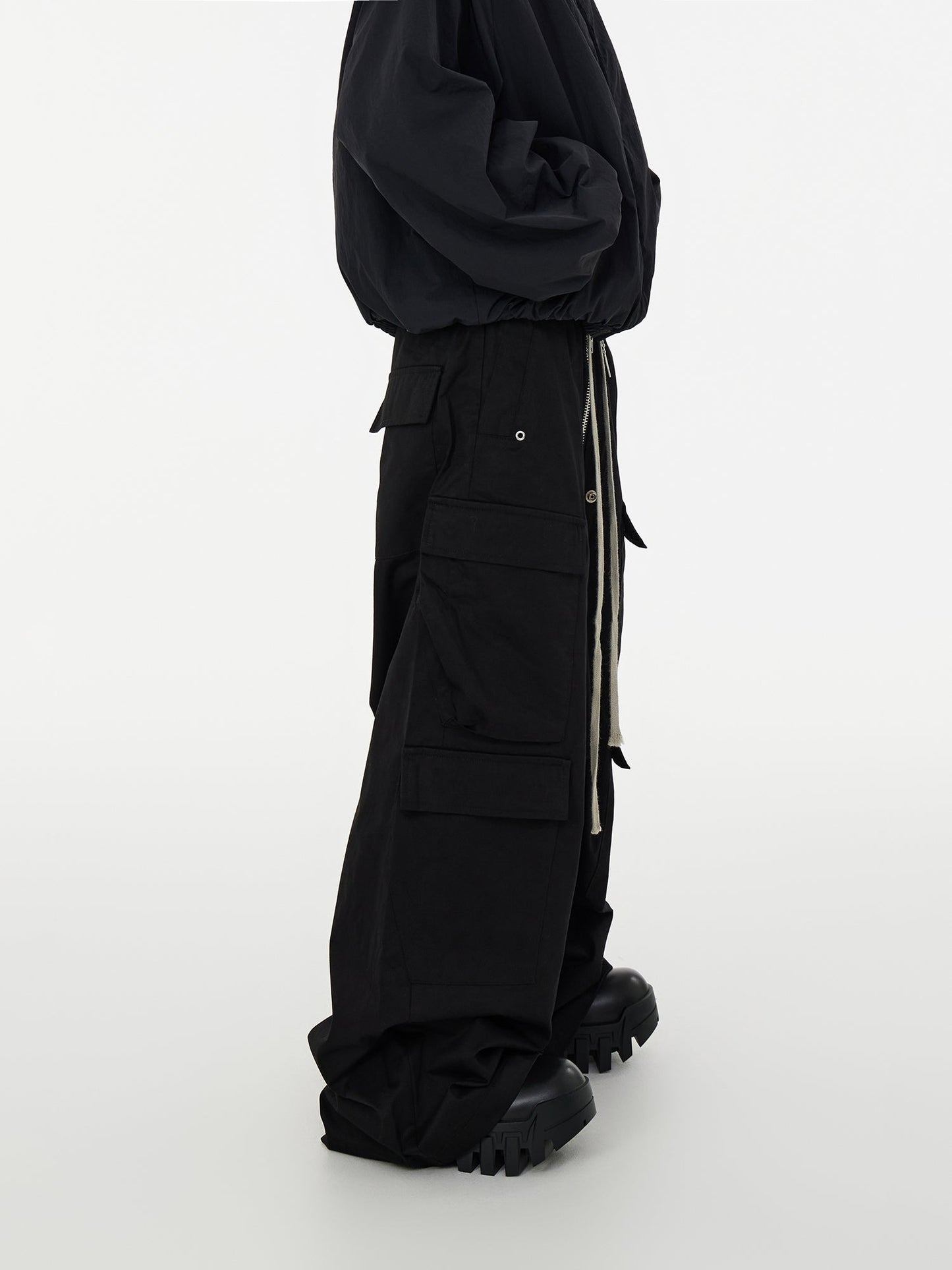 Dark Avant-Garde Loose Wide-Leg Cargo Pants with Drawstring Design [ID:0058PA]