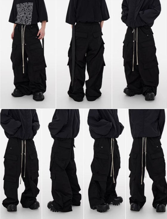 Dark Avant-Garde Loose Wide-Leg Cargo Pants with Drawstring Design [ID:0058PA]