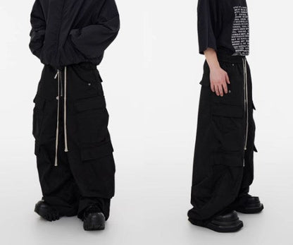 Dark Avant-Garde Loose Wide-Leg Cargo Pants with Drawstring Design [ID:0058PA]