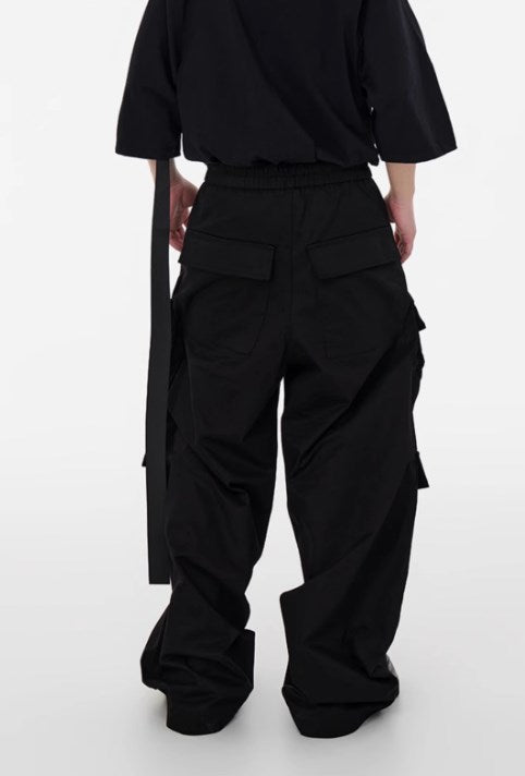 Dark Avant-Garde Loose Wide-Leg Cargo Pants with Drawstring Design [ID:0058PA]