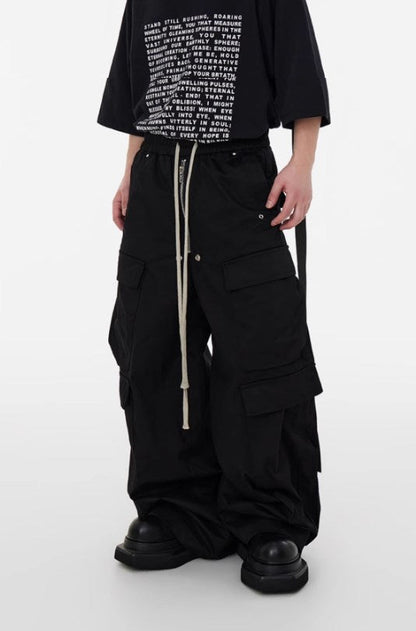 Dark Avant-Garde Loose Wide-Leg Cargo Pants with Drawstring Design [ID:0058PA]