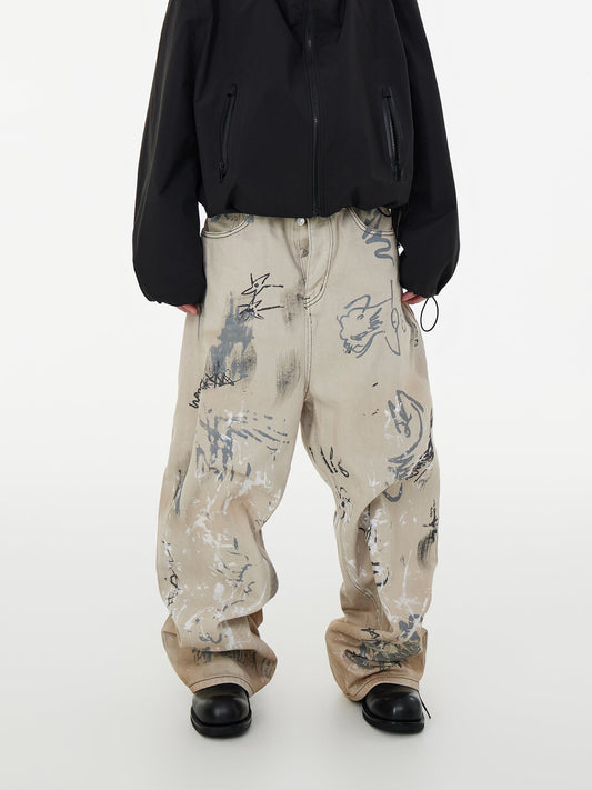 Spray-Painted Loose-Fit Baggy White Jeans with Graffiti Design [ID:0059PA]