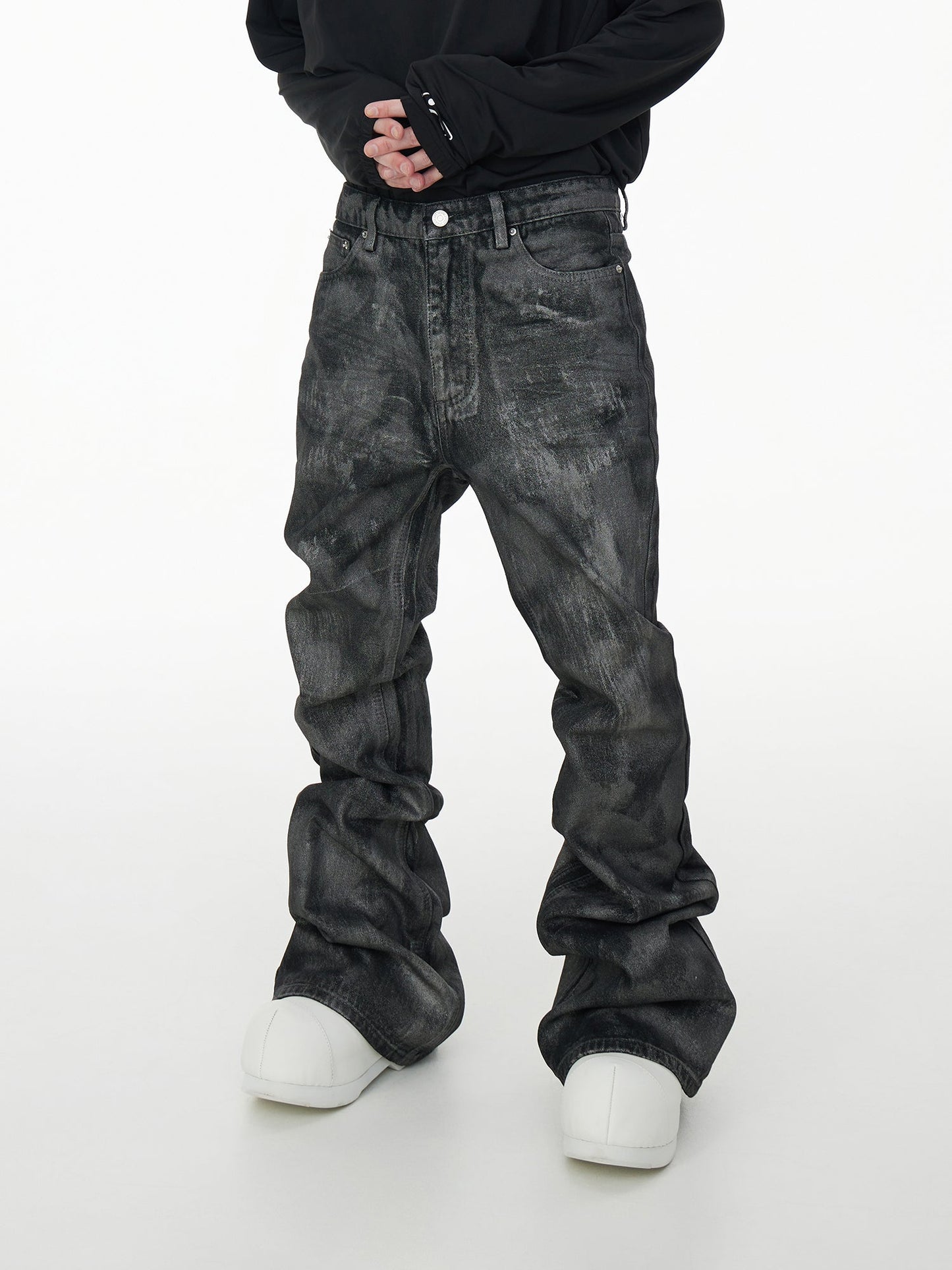 Glitter Coated Slim Flare Jeans Brushed Resin Dragging Floor Blue [ID:0060PA]